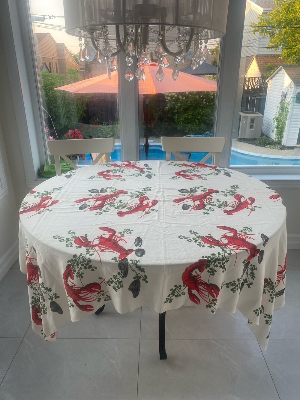 Red Lobster Print Linen Rectangular Creme Tablecloth 
Width: 52” Length: 70”